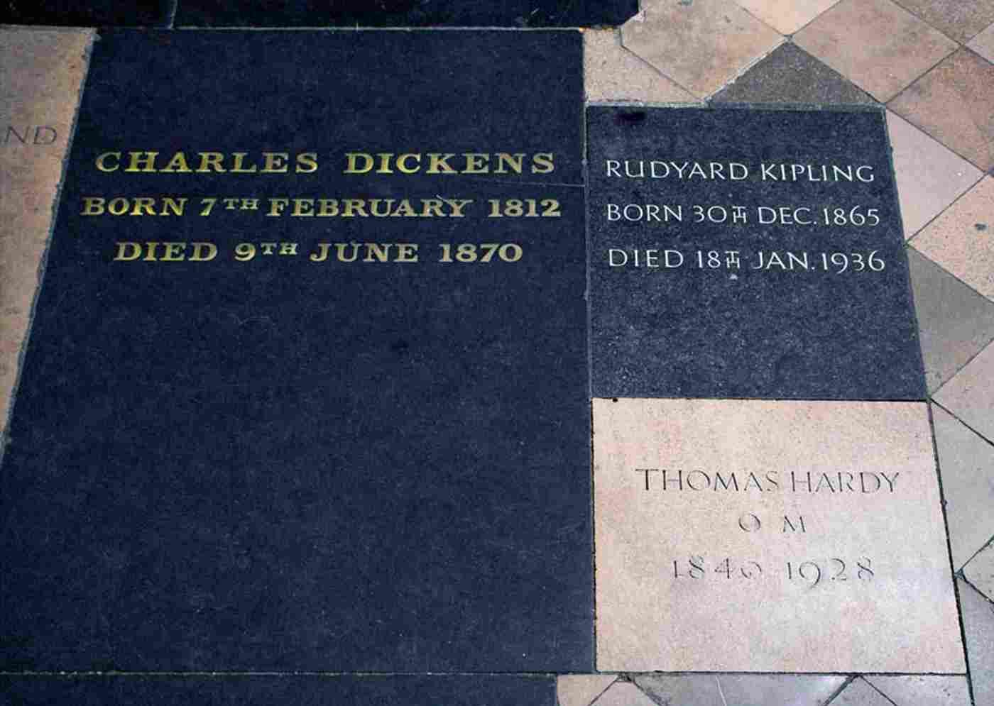 Poets' Corner Dickens, Kipling and Hardy graves (DL) 300 Westminster Abbey copyright.jpg (1)