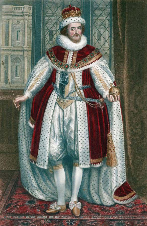 James I wearing a crown, white robes, a red velvet cloak and holding a sceptre and orb