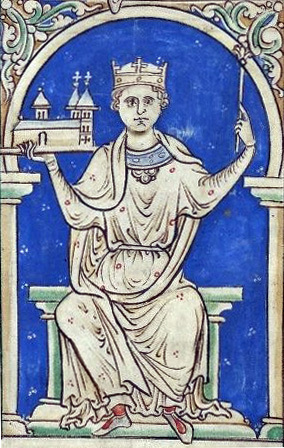 Stephen of Blois depicted seated, holding a church in one hand and a sceptre in the other