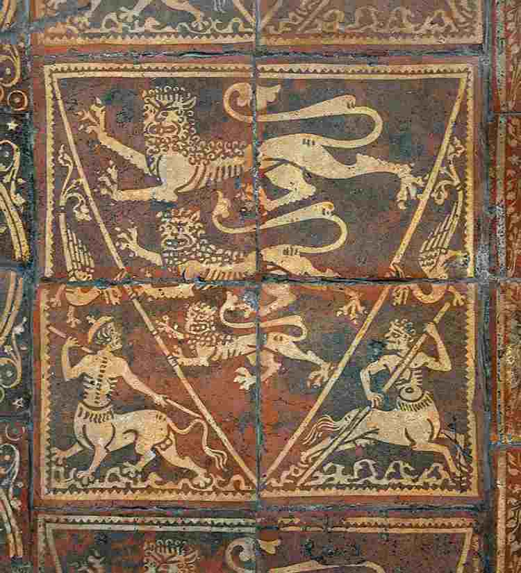 Red tiles showing the with Royal arms of Henry III in yellow, Chapter House, Westminster Abbey
