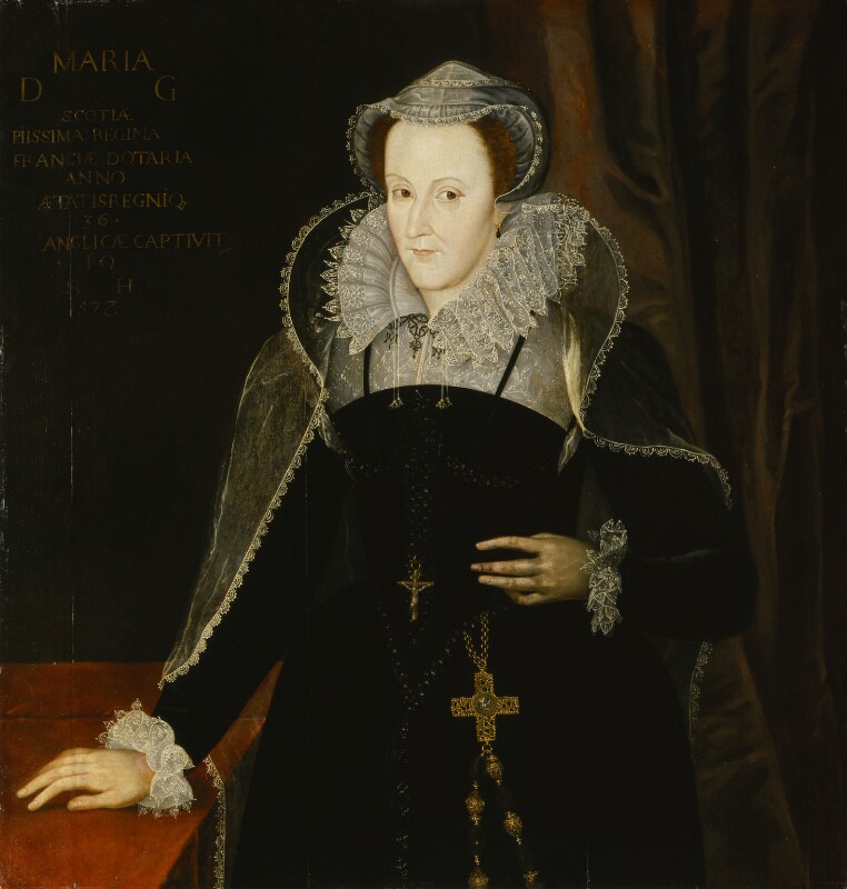 Mary Queen of Scots wearing a black dress with lace collar, cuffs and bonnet, and a gold crucifix necklace