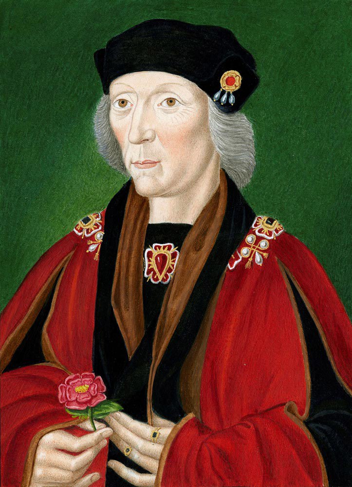 Henry VII wearing red robes and holding a red rose