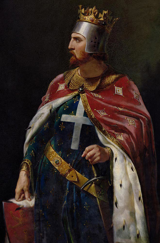 Portrait of Richard I wearing a crown, helmet, robes, and carrying a sword