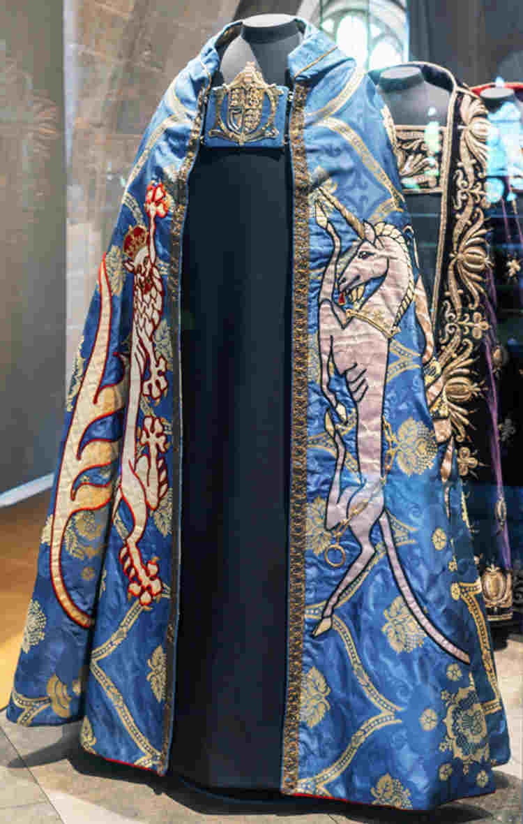 Blue cope with lion and unicorn embroidery worn at the coronation of Elizabeth II