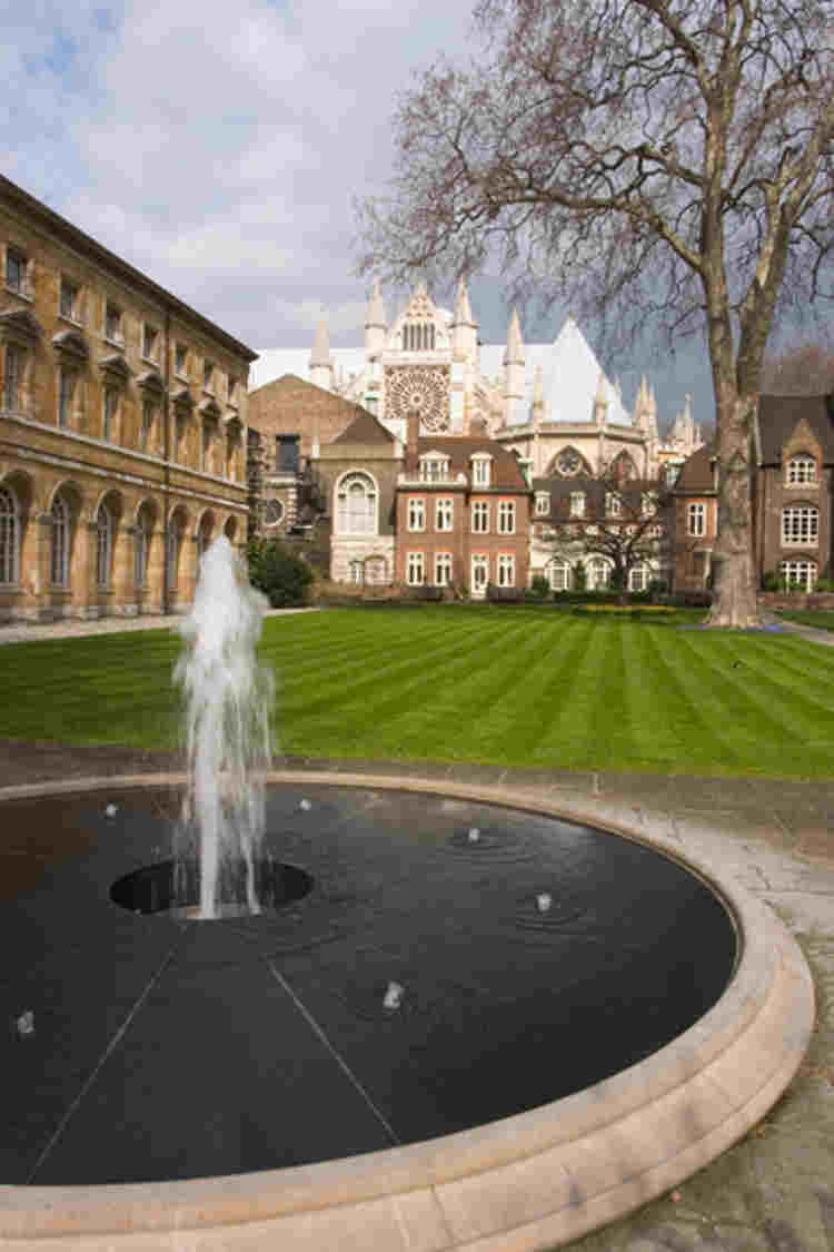 Circular fountain with a central spout in College Garden, Westminster Abbey for the Golden Jubilee