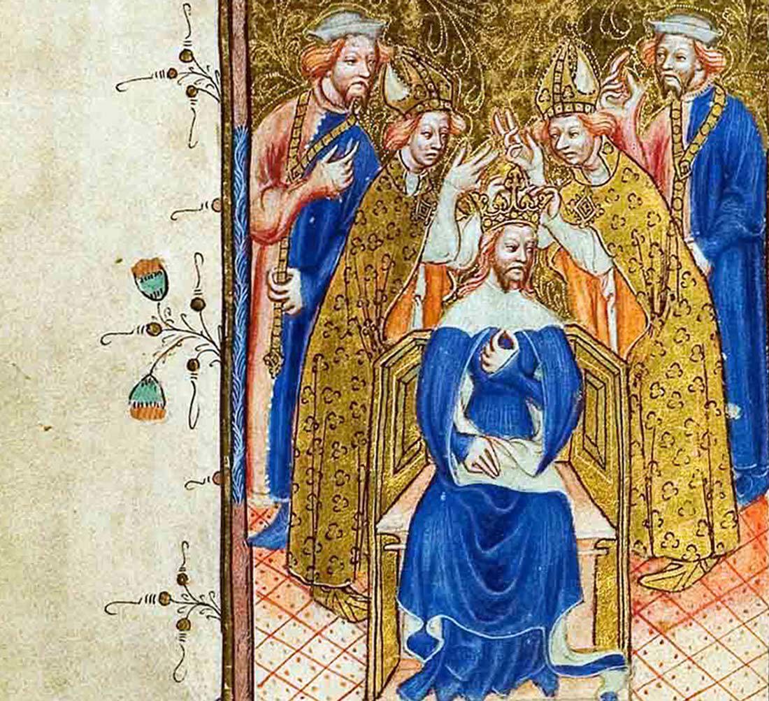 Illuminated manuscript showing how a king is crowned
