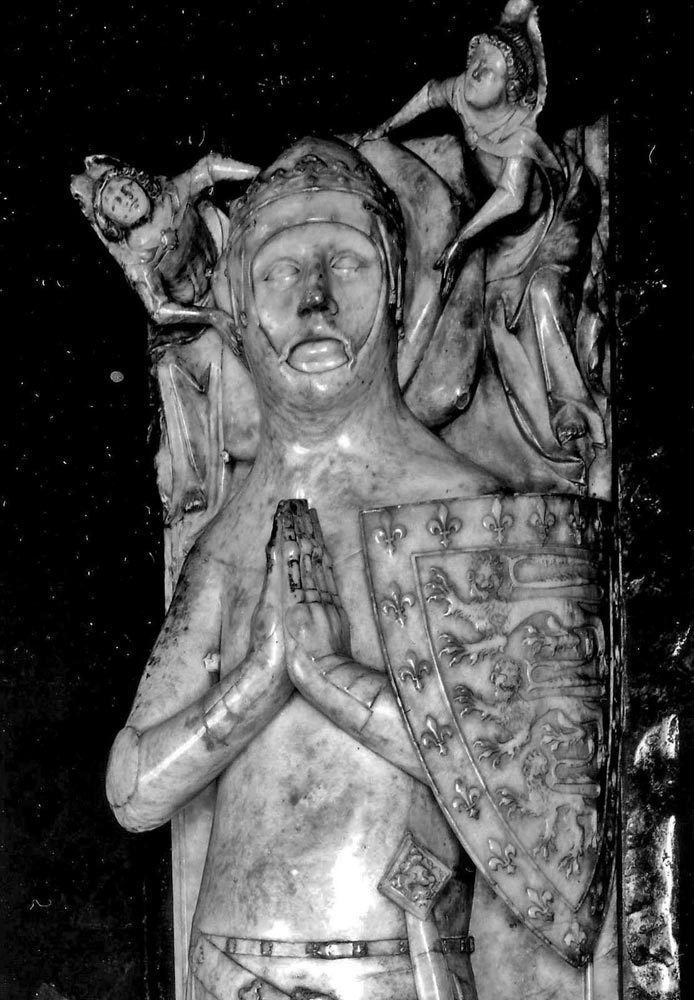 Tomb effigy of John of Eltham in armour carrying his shield on his arm