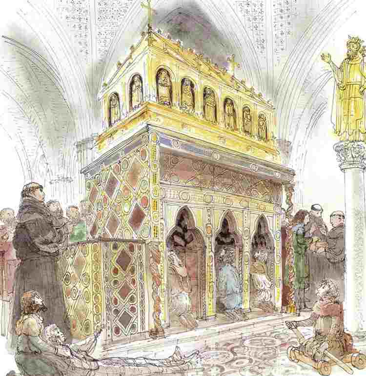 Drawing imagining medieval monks and pilgrims praying at the Shrine of St Edward the Confessor