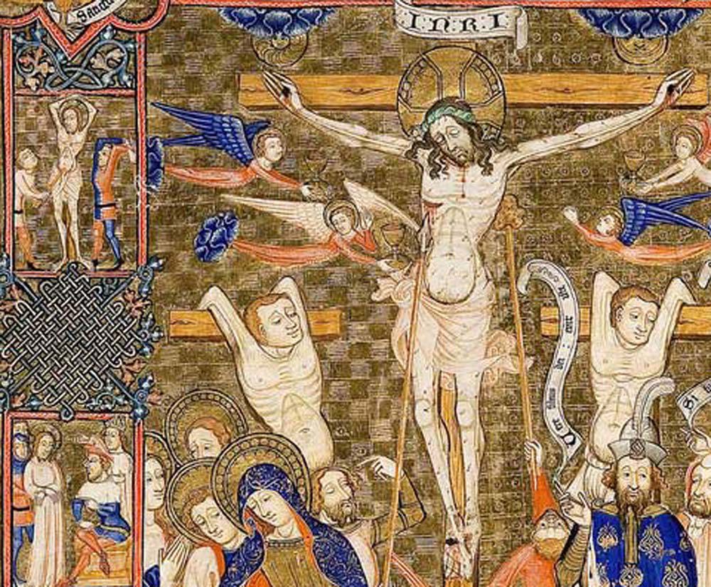 Illuminated manuscript showing the crucifixion of Jesus Christ