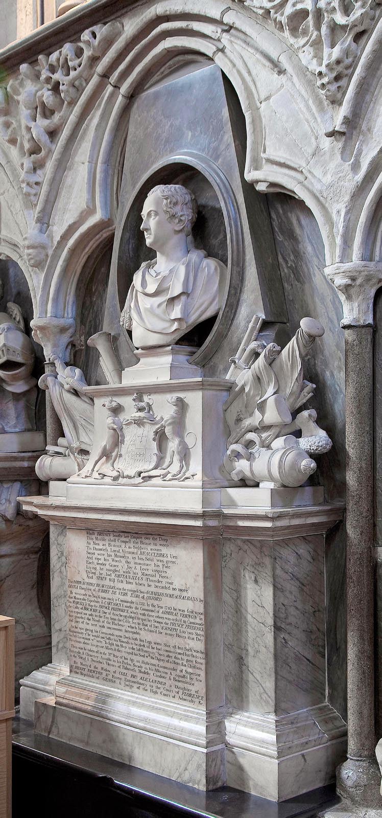 The marble monument with a bust of Lord Aubrey Beauclerk.