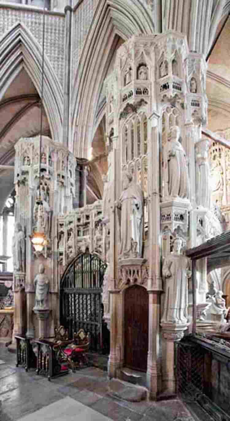 Henry V's Chantry chapel with two stone turrets, which make the letter H, and statues of saints