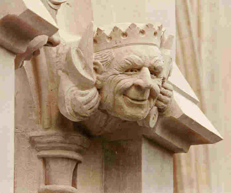 Carved head of Philip, Duke of Edinburgh on the west tower of Westminster Abbey