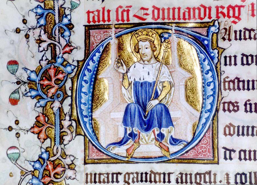 Edward the Confessor wearing blue robes and a crown and holding a sceptre from an illuminated manuscript at Westminster Abbey