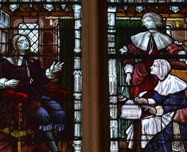 Photograph of John Milton, his wife and daughters within a stained-glass window within St Margaret's Church, next to Westminster Abbey