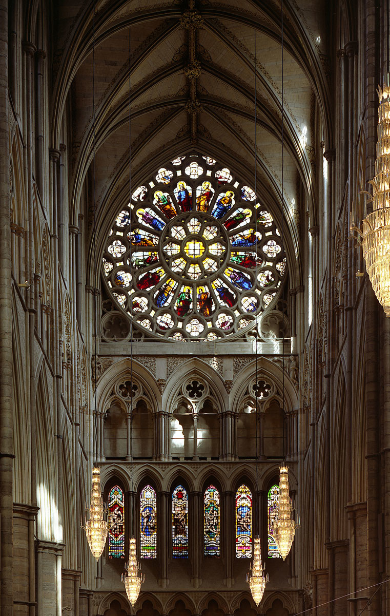 Rose-shaped stained glass window high above the floor of Westminster Abbey