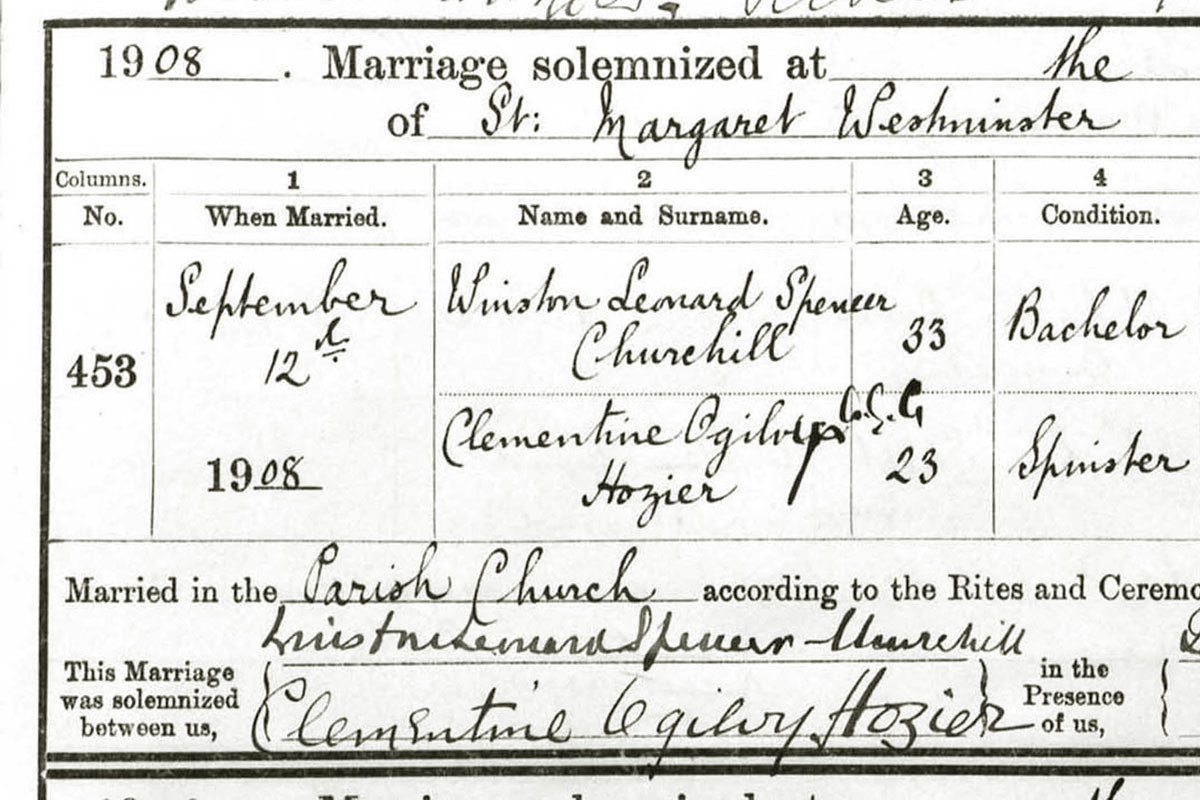 Entry in the St Margaret's Church marriage register of the wedding of Winston Churchill and Clementine Hozier