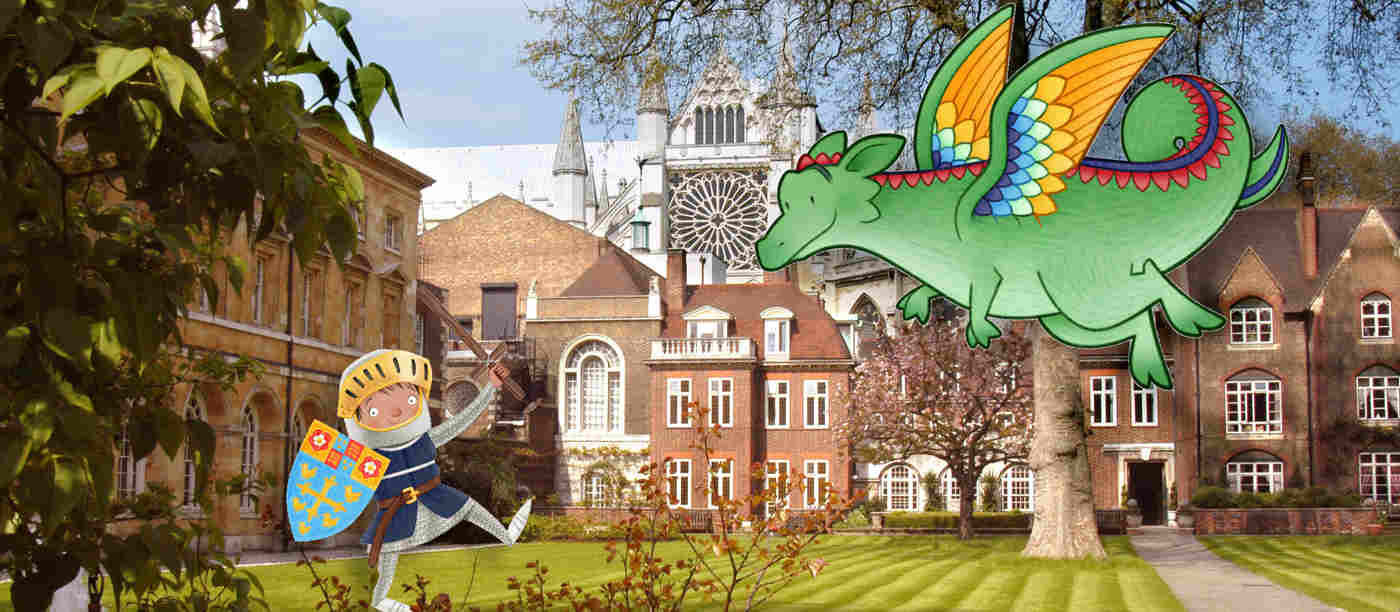 Photograph of College Garden with buildings including Westminster Abbey in the background, with an overlay of an illustrated multicoloured dragon and boy dressed as a knight wearing a helmet and holding a sword and shield