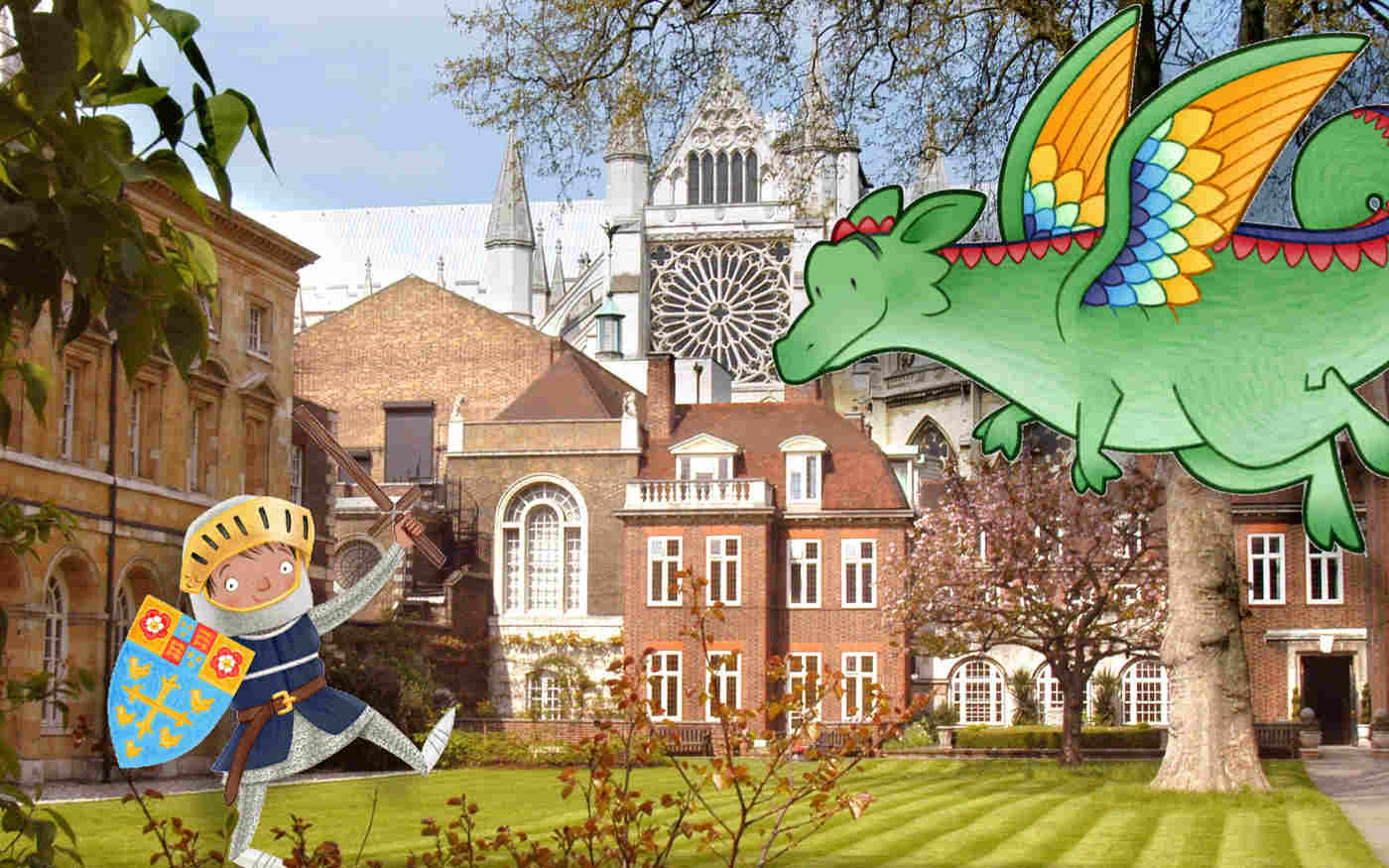 Photograph of College Garden with buildings including Westminster Abbey in the background, with an overlay of an illustrated multicoloured dragon and boy dressed as a knight wearing a helmet and holding a sword and shield