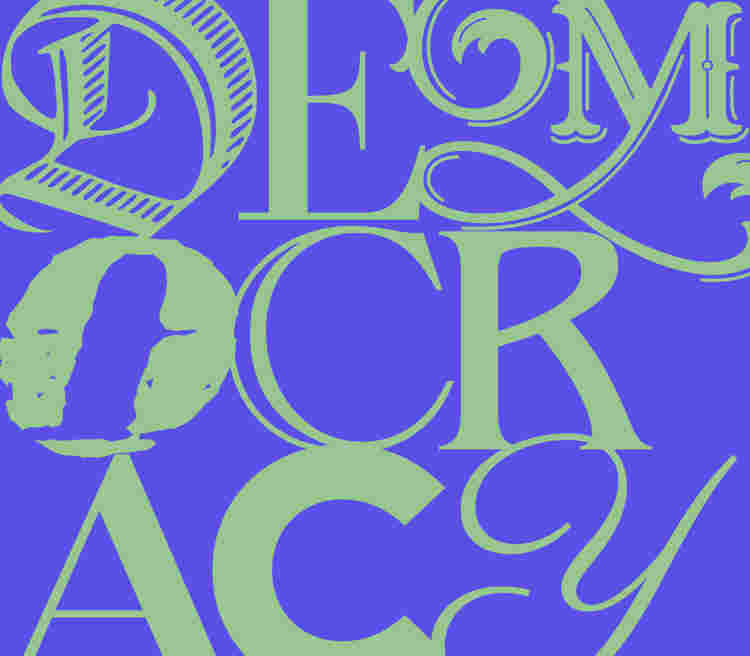 Democracy word spread three letters per row across three rows