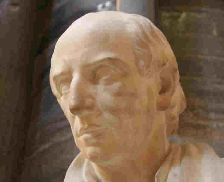 Close-up photograph of the head of William Wordsworth memorial statue within Poets' Corner in Westminster Abbey