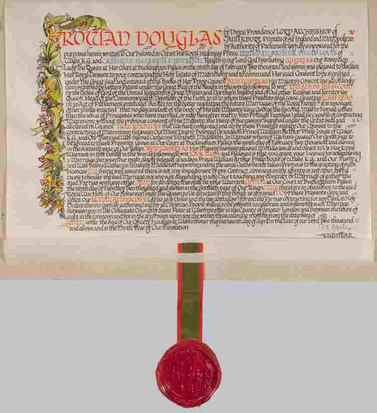 Prince William and Catherine Middleton's marriage licence, with a large red wax seal attached