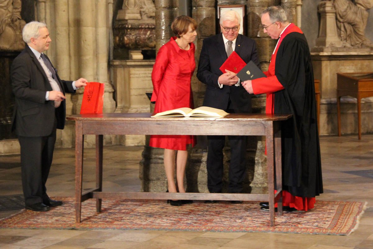 The President of Germany, His Excellency Dr Frank Steinmeiner and his wife Elke Budenbender with The Dean of Westminster, The Very Reverend Dr John Hall