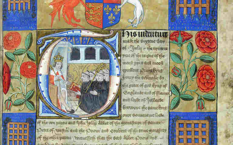 Credit: E 33/1/1, The National Archives Illuminated page from volume of indentures between Henry VII and abbot John Islip,16 July 1504