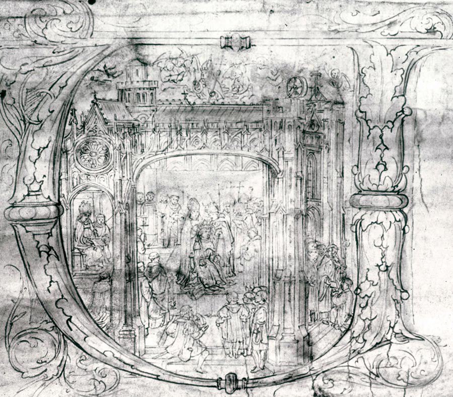 Depiction of Henry VIII's coronation: Henry seated on the Coronation Chair, priests and officials around him