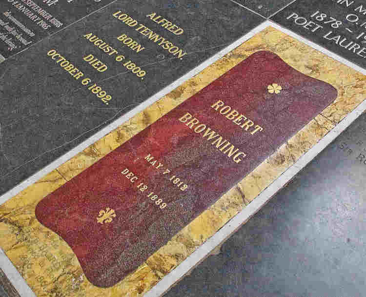 Photograph of grave of Robert Browning and memorial stone of Elizabeth Barrett Browning, surrounded by other memorials in Poets' Corner at Westminster Abbey