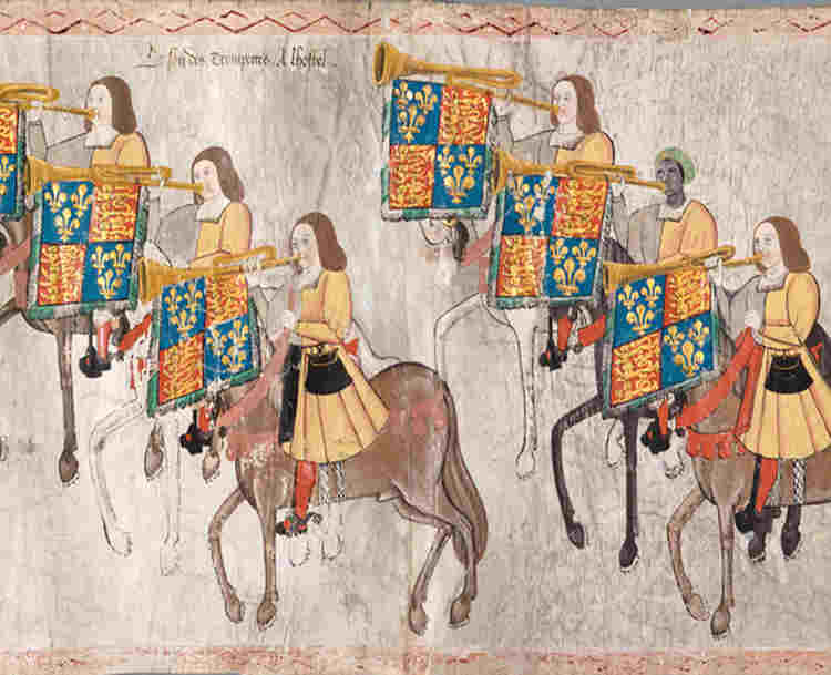 Photograph of the Westminster Tournament Roll featuring John Blanke. Photo: College of Arms MS Westminster Tournament Roll, 1511, membrane 28. Reproduced by permission of the Kings, Heralds and Pursuivants of Arms