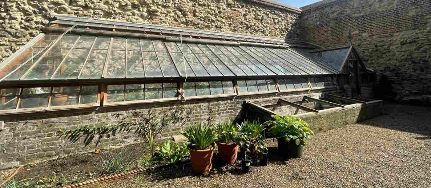 Photograph of the greenhouse in College Garden within Westminster Abbey, a wooden structure with plant pots outside