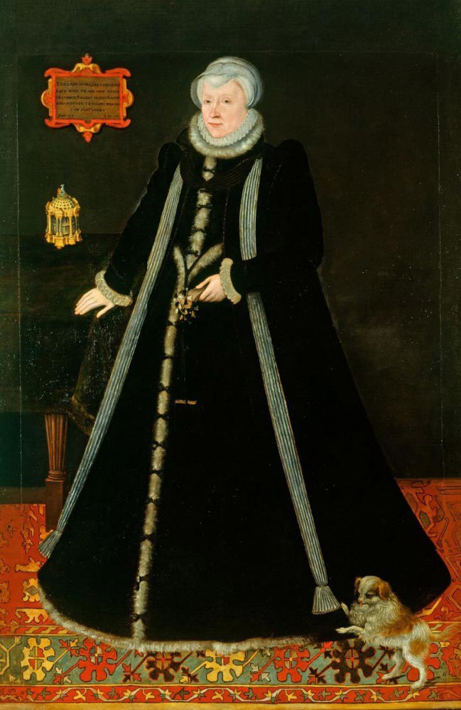 Painting of Margaret Douglas, Countess of Lennox, wearing a black dress, a small dog at her feet