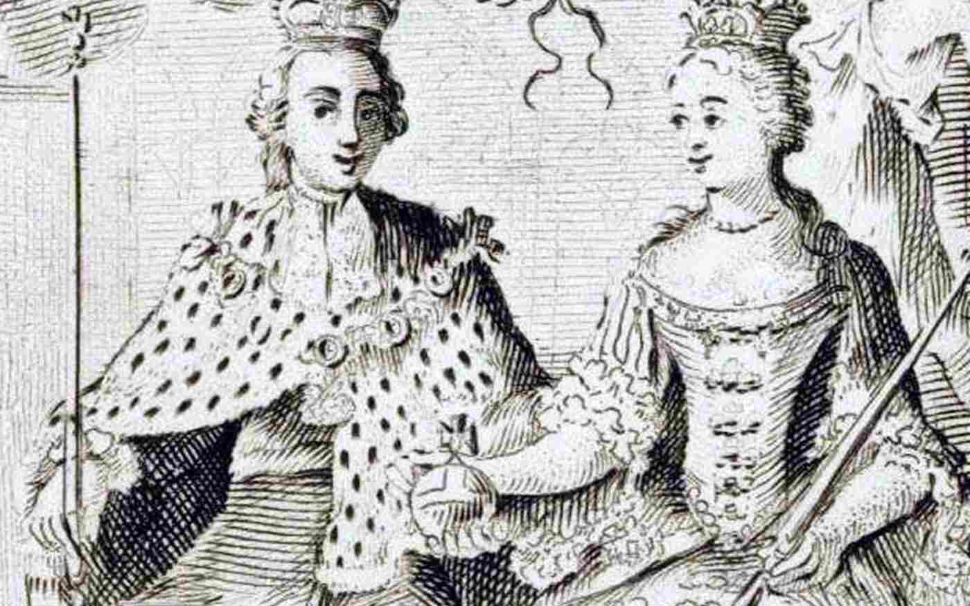 Detail from ticket to the coronation of George III and Queen Charlotte, depicting the King and Queen seated wearing crowns