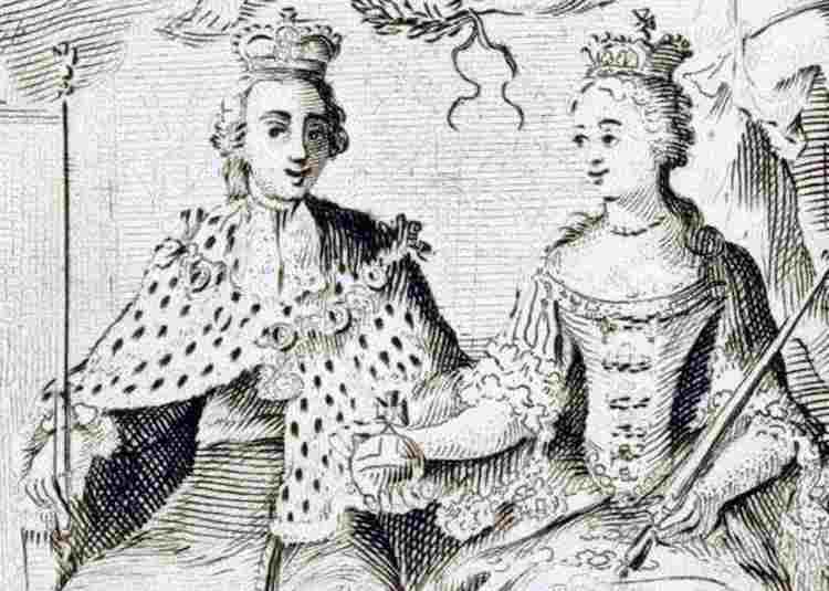 Detail from ticket to the coronation of George III and Queen Charlotte, depicting the King and Queen seated wearing crowns