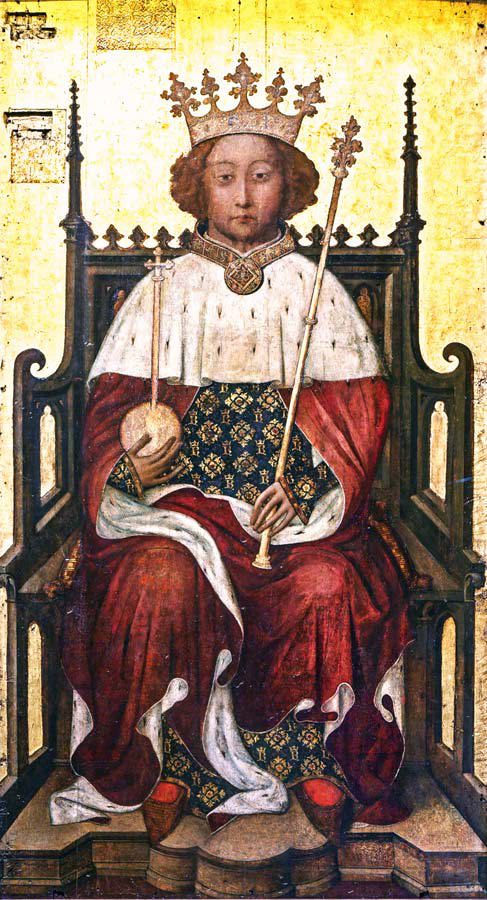 Portrait of Richard II seated on a throne, wearing a crown and holding a sceptre and orb