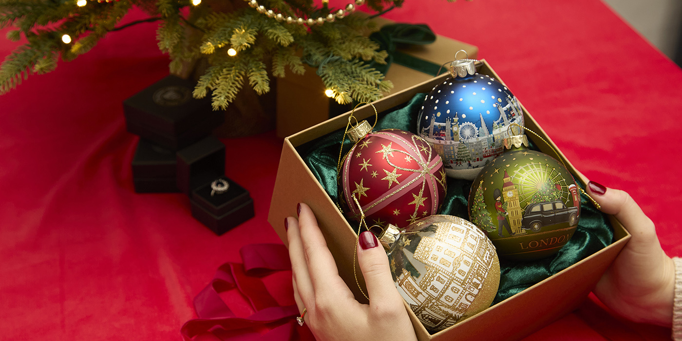 A box of London themed Christmas decorations