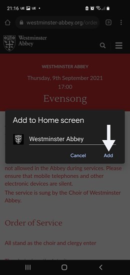 Order of Service on Android - Confirming adding the Service to Home Screen