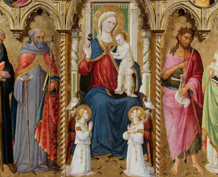 Photograph of 15th century altarpiece on wood by Bicci di Lorenzo, representing people in Christian art