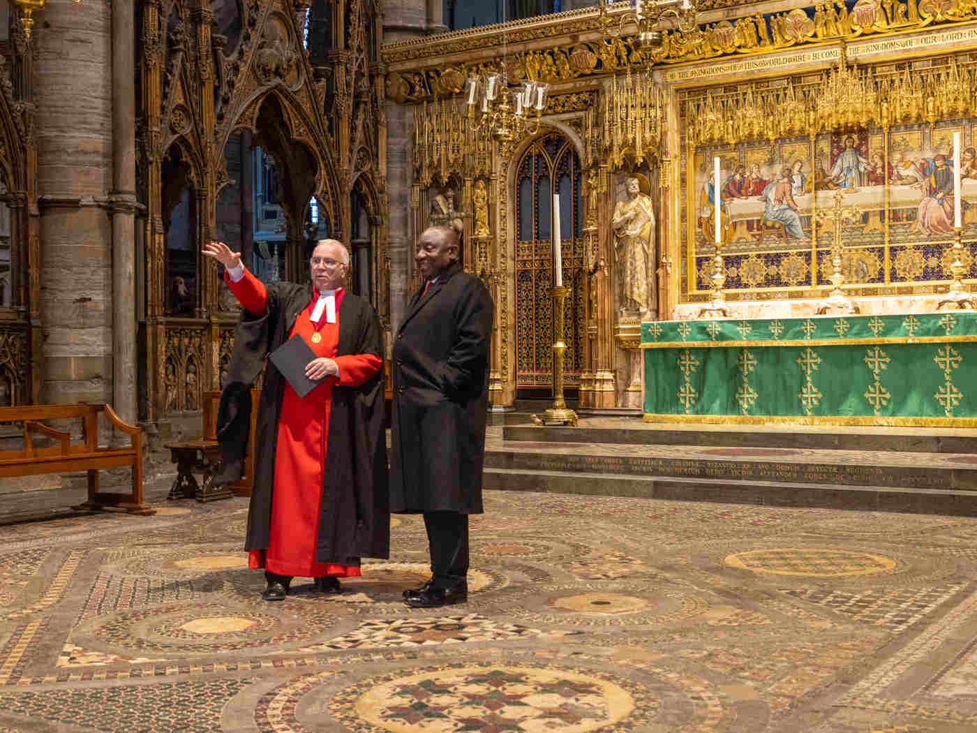 The Dean and President Ramaphosa pause at the Cosmati Pavement during their tour of the Abbey