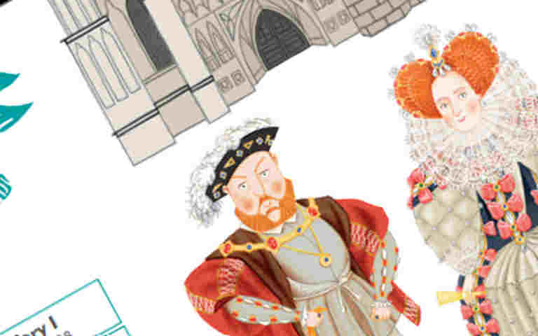 Angled illustration crop of the Tudors trail, featuring Henry VIII and Elizabeth I illustrations as well as a crop of Westminster Abbey