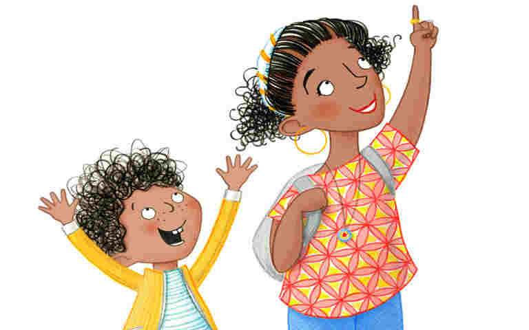 Illustration of mother pointing upwards and son looking up excitedly
