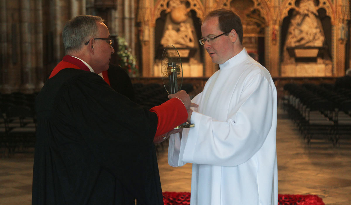 The Dean of Westminster, the Very Reverend Dr John Hall, receives the Relic of St Thomas Becket