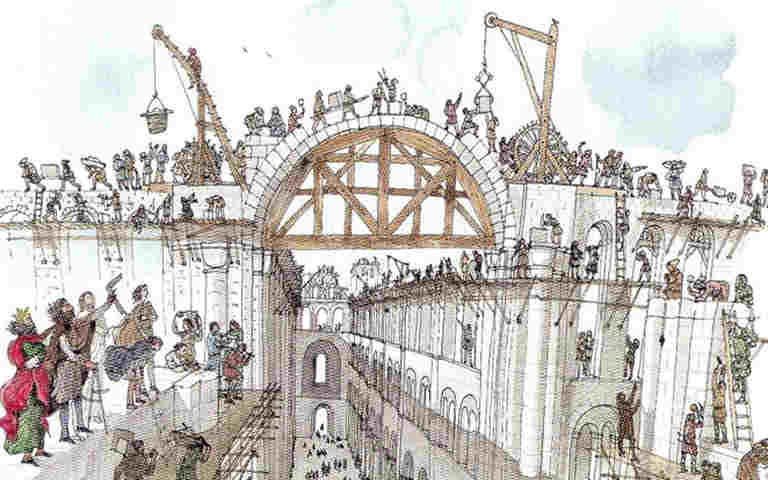 Illustration of the building of St Edward the Confessor's Norman church for a video about the history of building Westminster Abbey