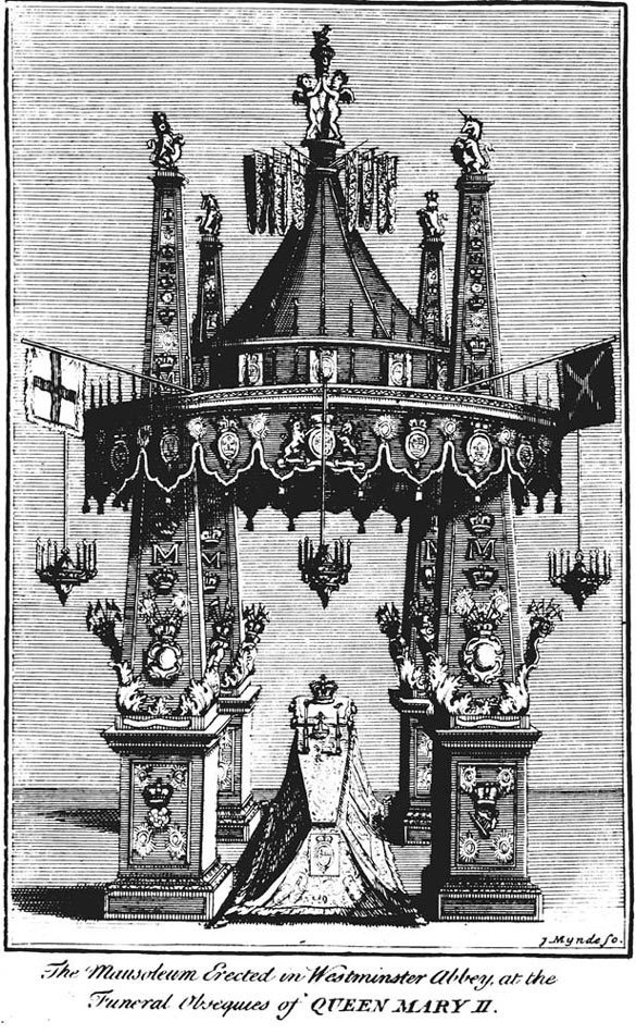 Elaborate funeral 'hearse' (canopy) erected over Mary II's coffin for her Westminster Abbey funeral