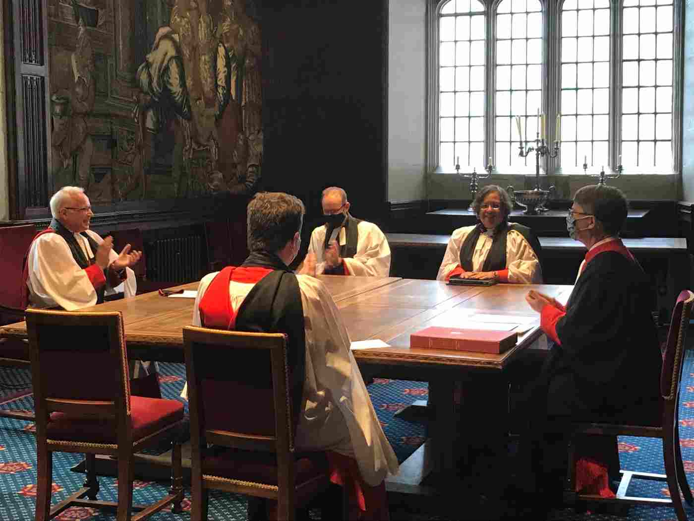 Canon Tricia Hillas, with the Dean, the Very Reverend David Hoyle; the Reverend Anthony Ball, Rector of St Margaret’s (centre); The Reverend Dr James Hawkey, Canon Theologian (back to camera); and the Receiver General and Chapter Clerk Paul Baumann