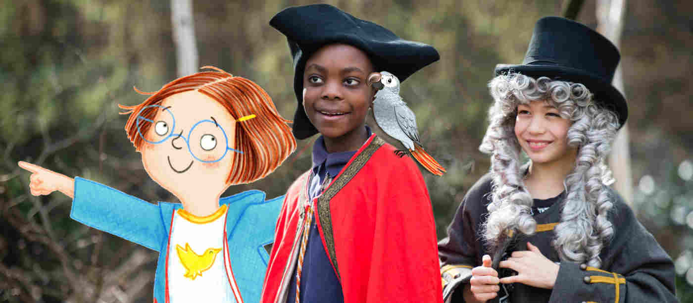 Photograph of children dressed up in pirate costumes with illustrations of a parrot and a girl pointing