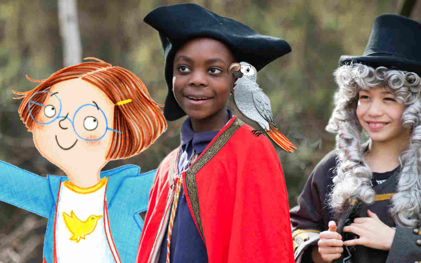 Photograph of children dressed up in pirate costumes with illustrations of a parrot and a girl pointing