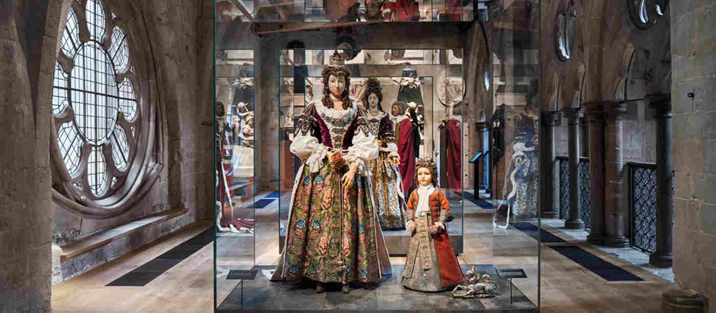 Wax effigies of the Duchess of Buckingham, her son Robert and a toy unicorn on display in a glass case in the Queen's Diamond Jubilee Galleries, Westminster Abbey