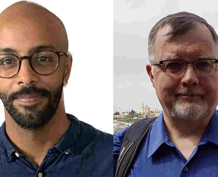 Photograph of Abdul Mohamud and Robin Whitburn from University College London and Justice to History, for a lecture at Westminster Abbey.