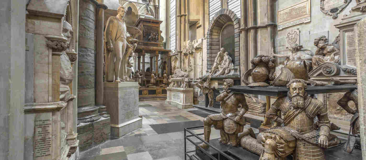 Photograph of memorials and statues in St Michael's Chapels in Westminster Abbey